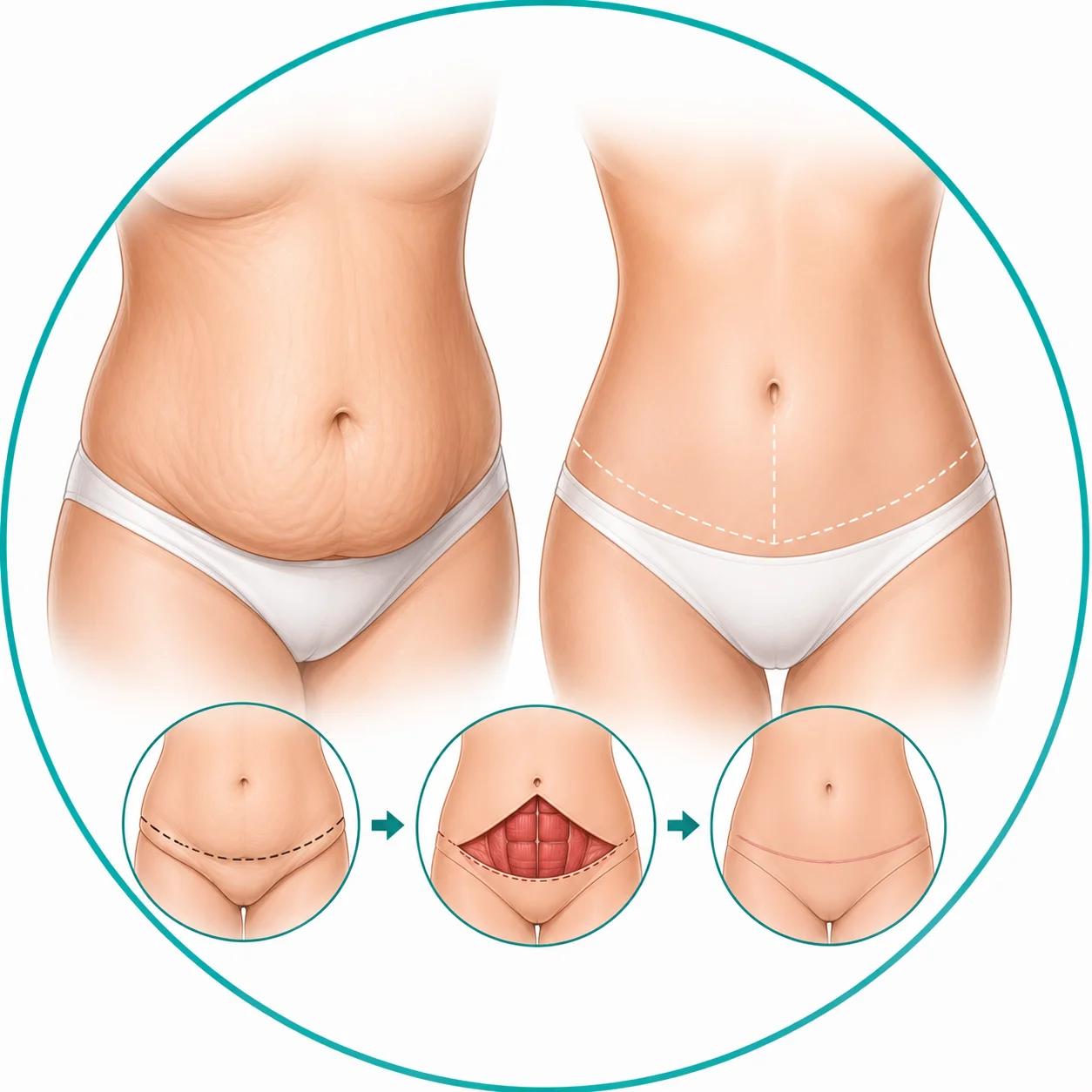 Illustration of abdominoplasty showing abdominal skin removal and the resulting lower abdominal scar