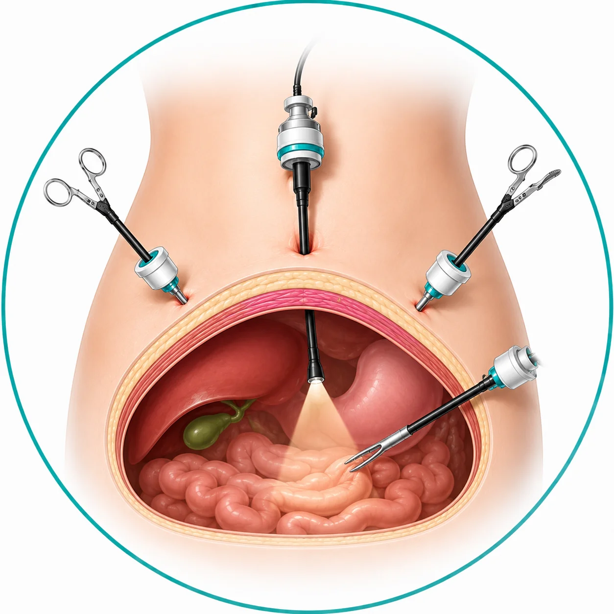 Illustration of advanced laparoscopic abdominal surgery using keyhole surgical instruments