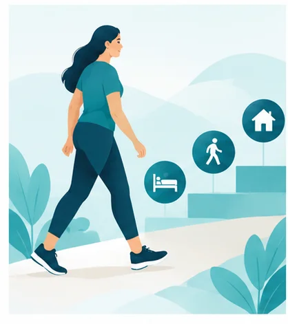 Illustration of a patient progressing through recovery milestones after bariatric surgery, from rest to walking and returning home