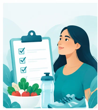 Illustration of a patient preparing for bariatric surgery with a pre-operative checklist, healthy food, water bottle and walking shoes