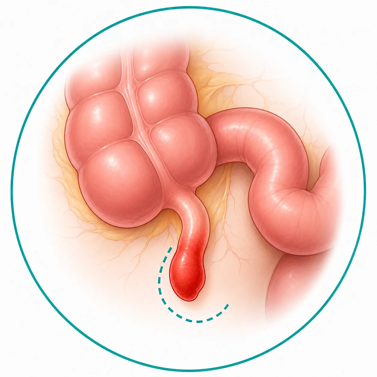 Illustration of laparoscopic appendectomy showing the appendix before removal