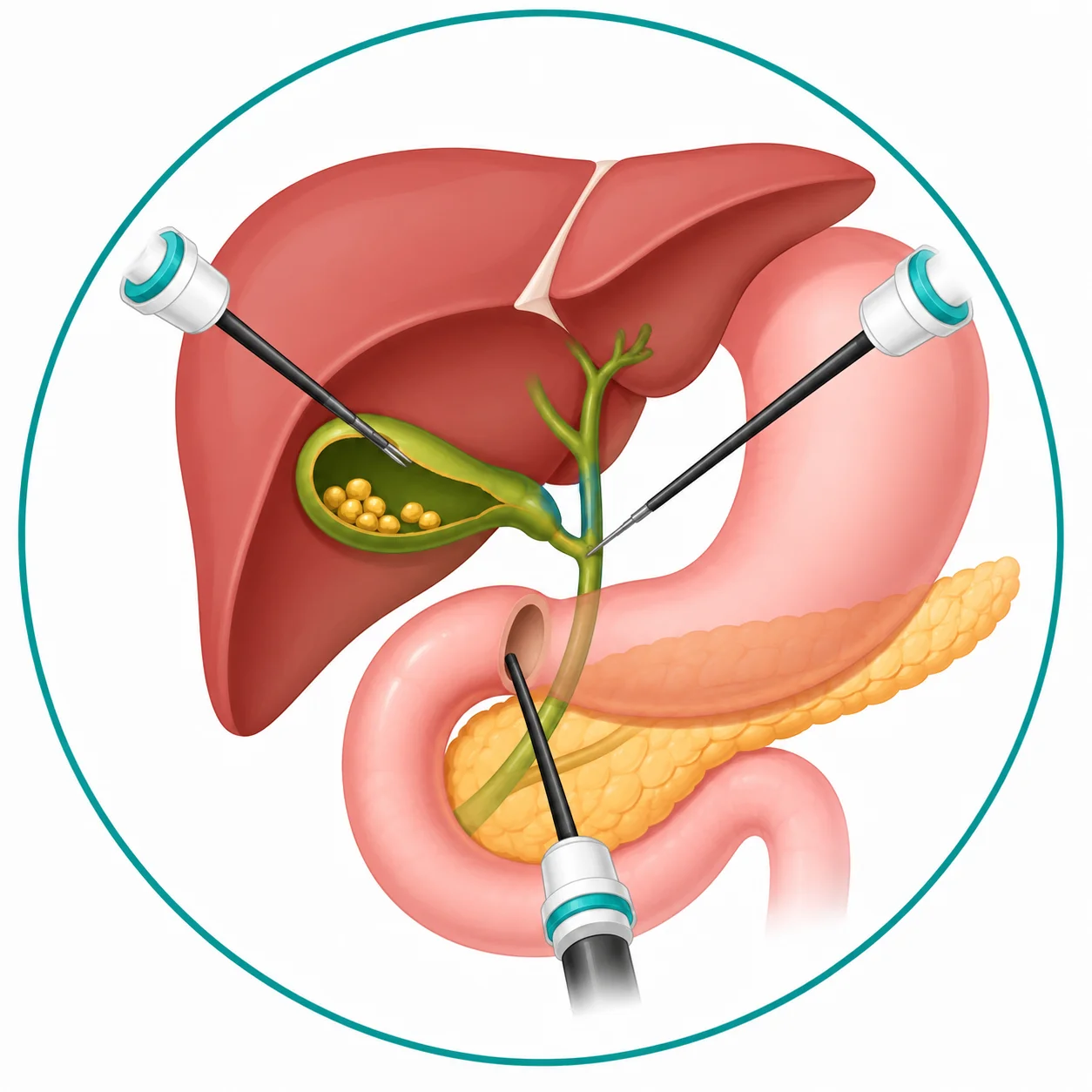 Illustration of laparoscopic cholecystectomy showing gallbladder removal with keyhole instruments