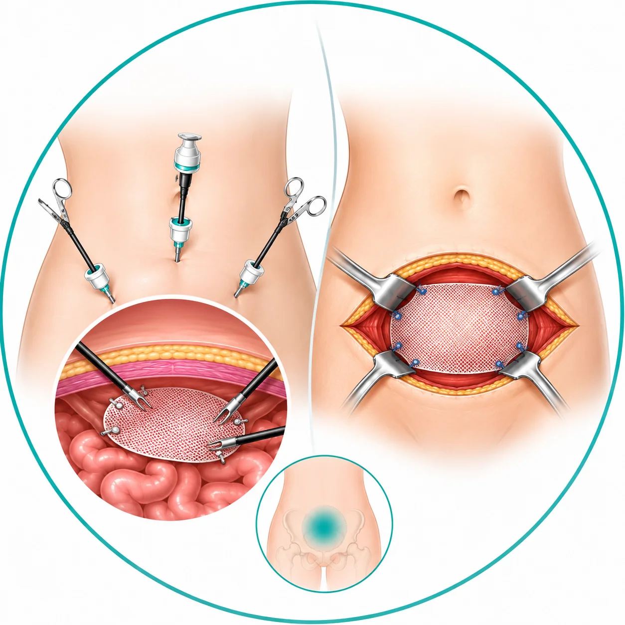 Illustration of laparoscopic hernia repair using surgical mesh