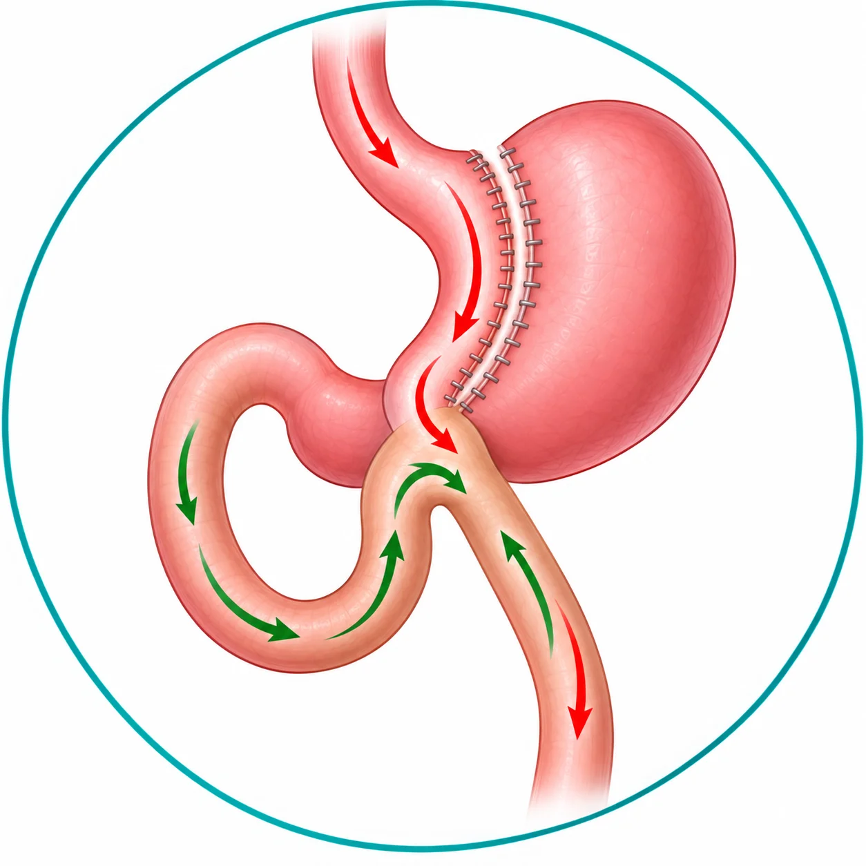 Illustration of Mini Gastric Bypass showing the stomach pouch and intestinal bypass