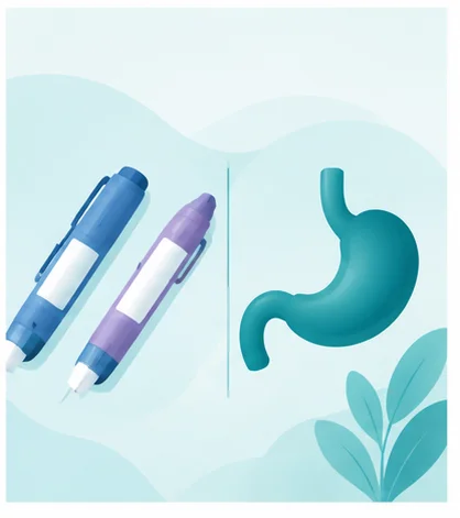 Illustration of weight-loss medication injection pens beside a stomach, representing Ozempic, Mounjaro and bariatric surgery