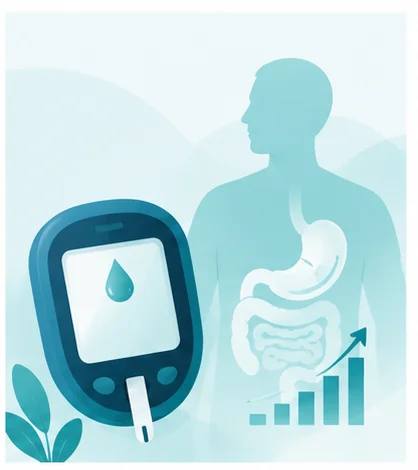 Illustration of a blood glucose meter beside the digestive system, representing Type 2 diabetes and bariatric surgery
